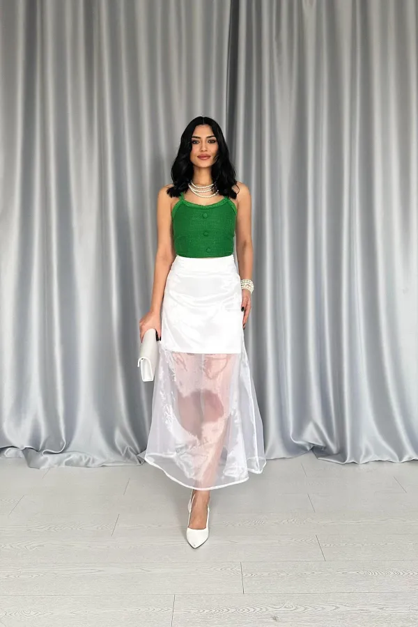 Toptan Beyaz Organze Detaylı Atlas Etek