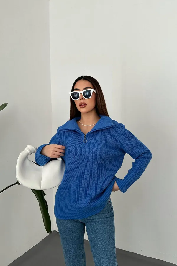 Toptan Mavi Fermuarlı Ve Boğazlı Triko Kazak