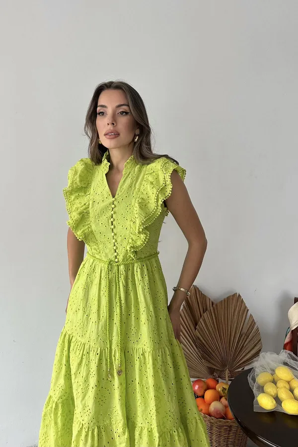 Robe boutonnée à volants vert pétrole en gros