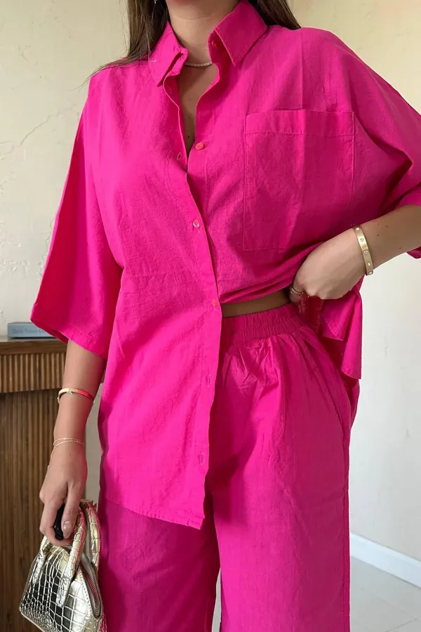 Ensemble chemise et short en lin fuchsia à manches courtes en gros