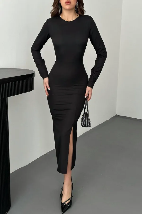 Toptan Siyah Sırt Dekolteli Elbise