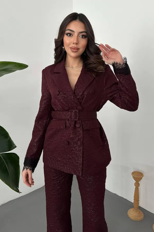 Toptan Bordo Kolları Dantelli Takım