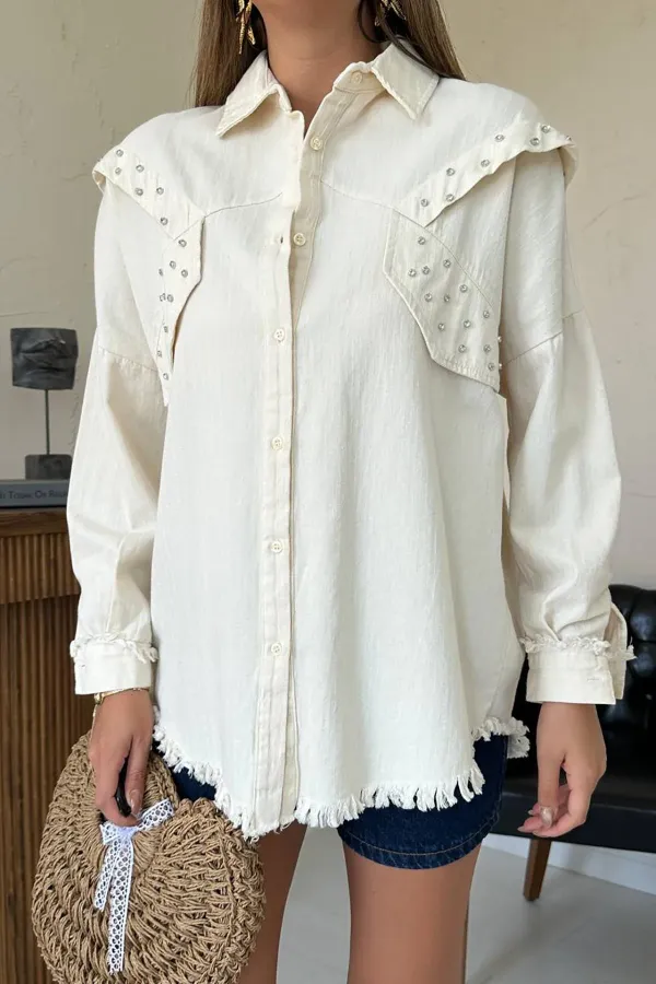 Toptan Bej Taş İşlemeli Tasarım Gömlek