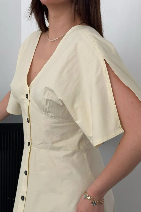 Toptan Sarı Düğmeli Midi Boy Poplin Elbise