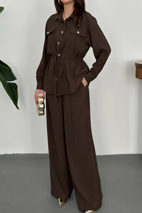 Toptan Kahverengi Düğme Detaylı Gömlek Ve Nervürlü Pantolon