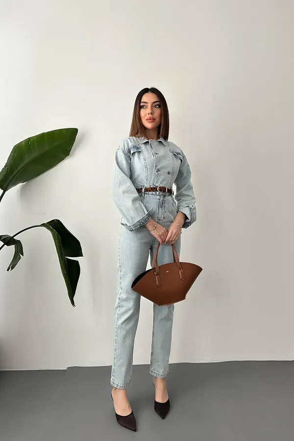 Salopette en jean bleu délavé à la neige en gros