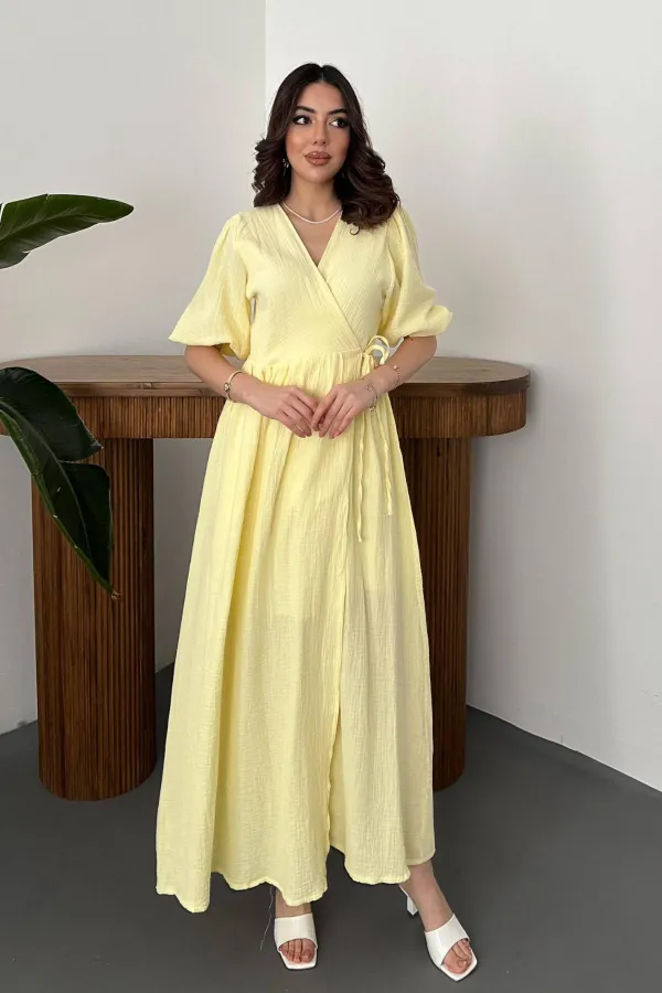Robe longue jaune en mousseline de mousseline en gros