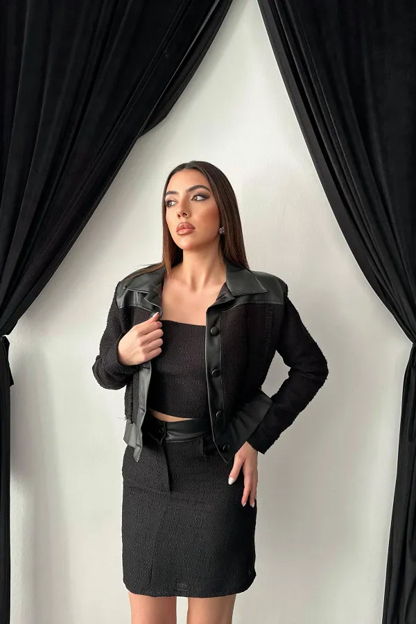 Ensemble veste et pantalon garnis de cuir noir triple en gros