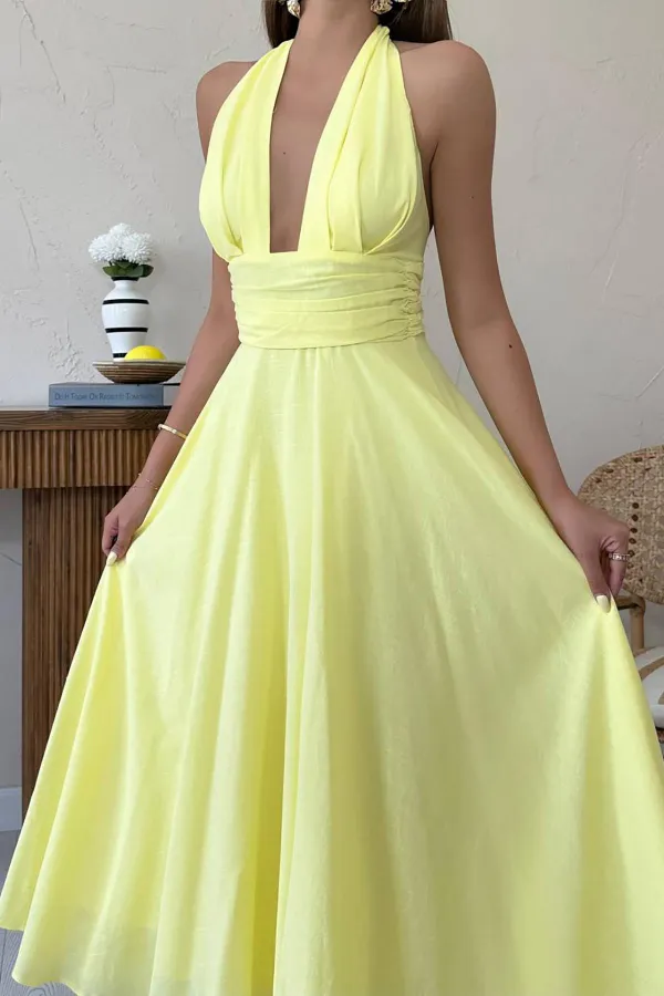 Toptan Sarı Askılı Keten Elbise