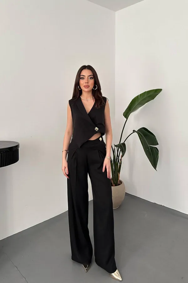 Wholesale Black Asymmetrical Vest and Pants Set