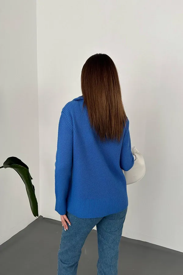 Toptan Mavi Fermuarlı Ve Boğazlı Triko Kazak