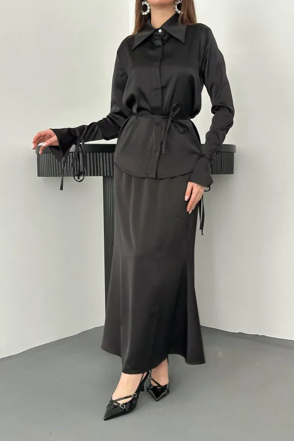 Toptan Siyah Biyeli Gömlek Ve Etek Takım