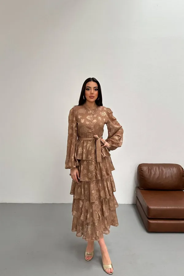 Toptan Vizon Valonlu Şeritli Kat Kat Elbise