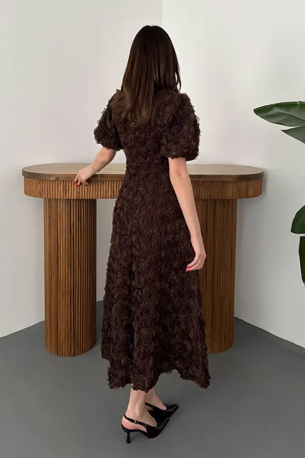 Toptan Kahverengi Güllü Elbise