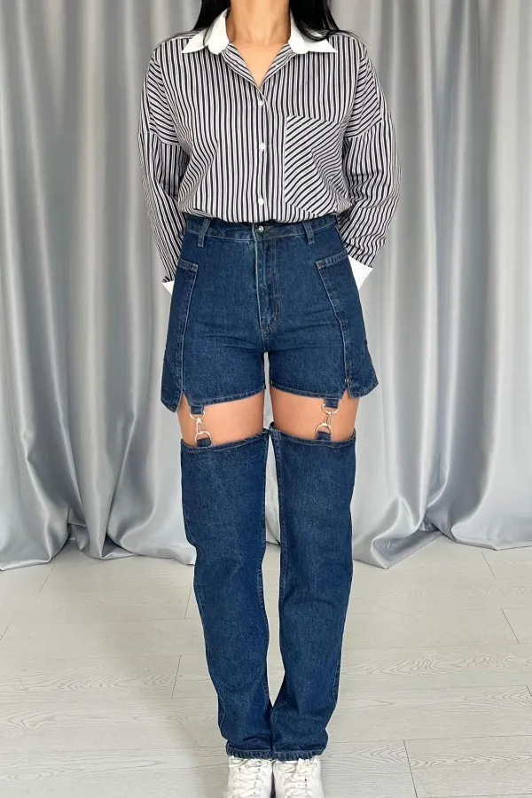 Toptan Mavi Askılı İki Parça Jeans Pantolon