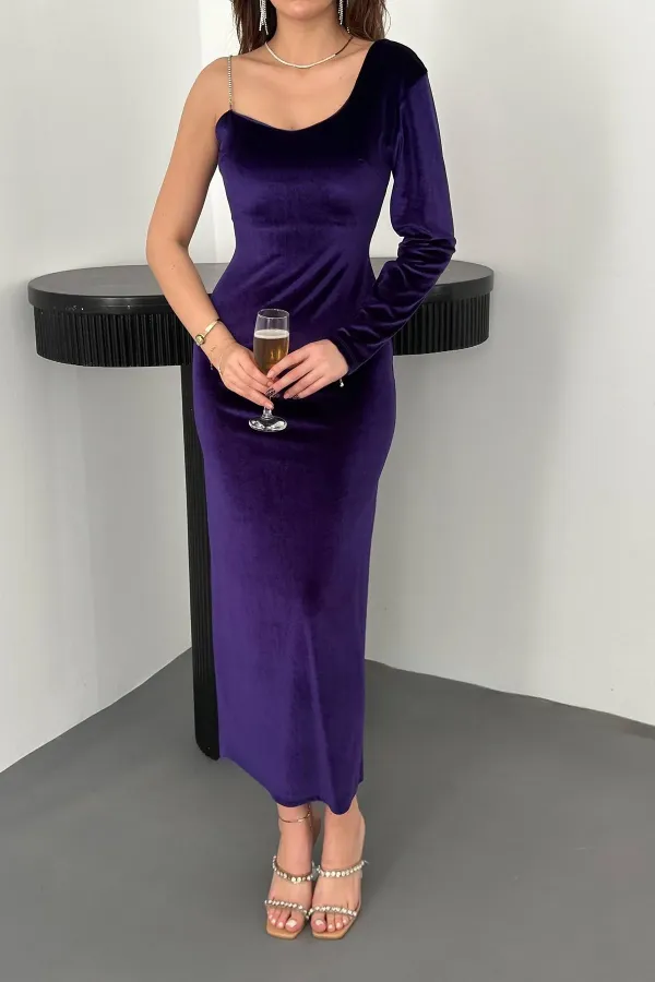 Robe violette asymétrique à bretelles en pierre, vente en gros
