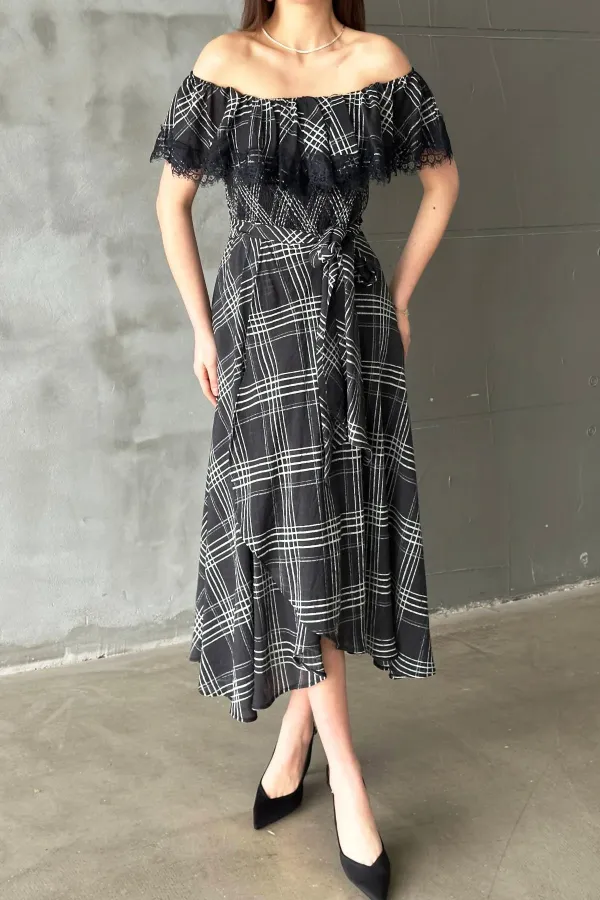 Toptan Lacivert Ekoseli Dantelli Elbise