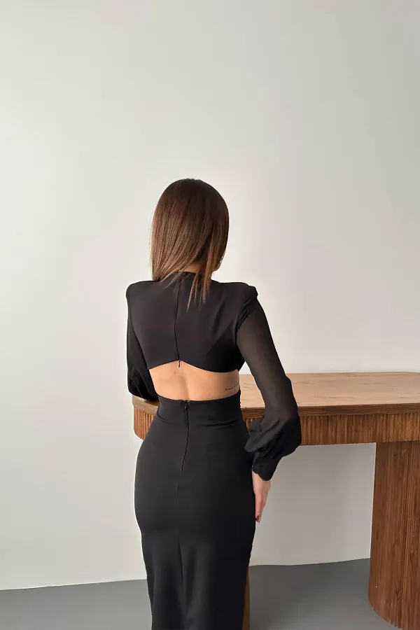 Robe noire en mousseline de soie avec manches et détails à la taille dans le dos, vente en gros