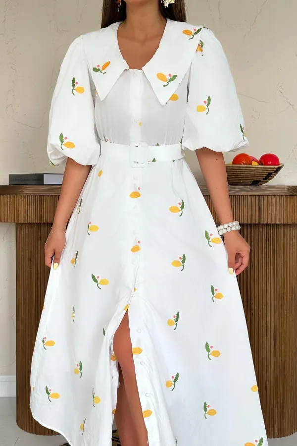 Toptan Pembe Yakası Çiçek Motifli Kemerli Elbise