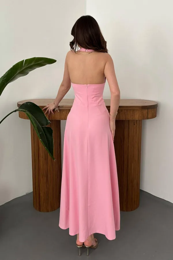 Toptan Pembe Atlas Göğüs Kuplu Elbise