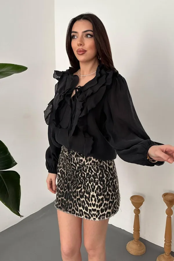 Toptan Siyah Fırfırlı Bluz