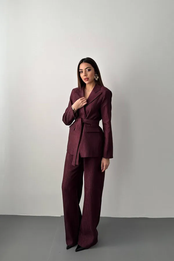 Wholesale Plum Glossy Belted Suit