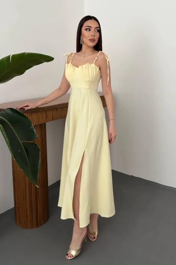 Toptan Sarı Yırtmaçlı Göğüs Kuplu Atlas Elbise
