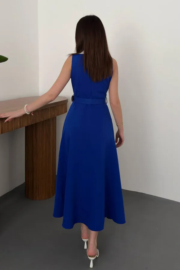 Toptan Saks Geniş Yakalı Halter Kollu Elbise