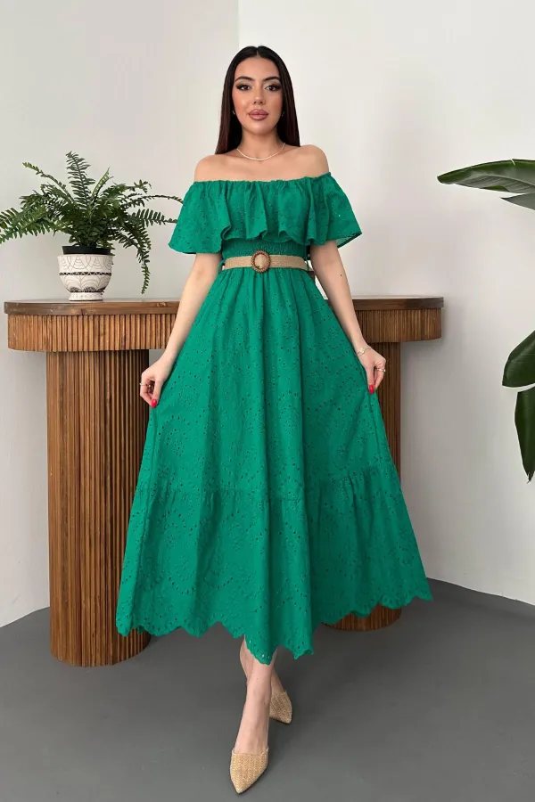Robe brodée verte à épaules élastiques en gros