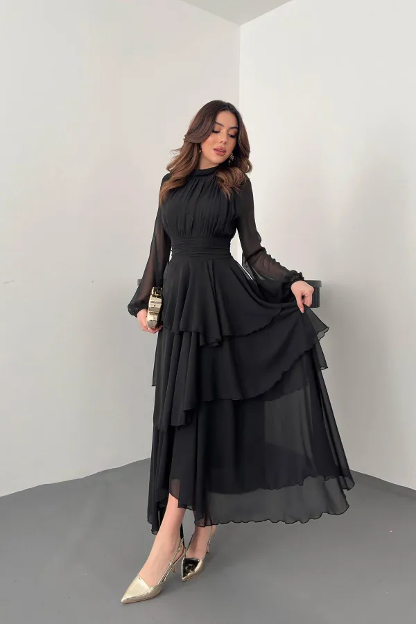 Toptan Siyah Bel Detaylı Elbise