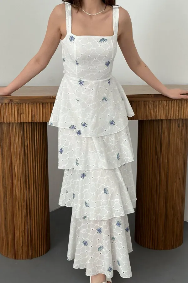 Toptan Lila Çiçek Desenli Kat Kat Arkası Bağlamalı Elbise