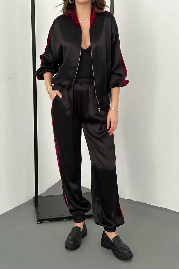 Wholesale Black Velvet Striped Satin Tracksuit