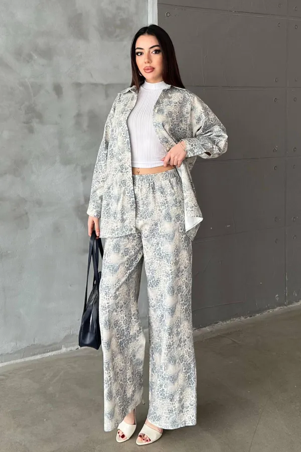 Ensemble veste et pantalon en lin gris à motif léopard en gros