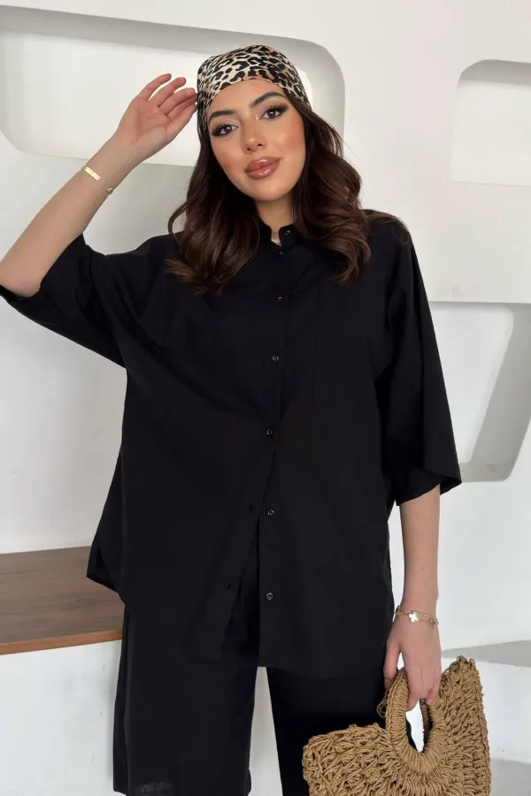 Ensemble chemise et short en lin noir à manches courtes en gros