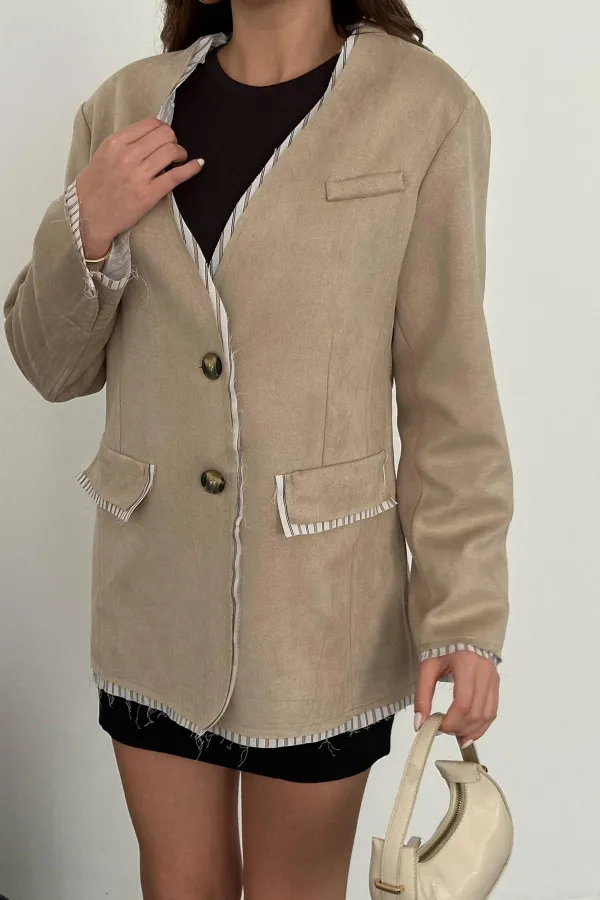 Wholesale Beige Striped Lined Garnished Suede Jacket