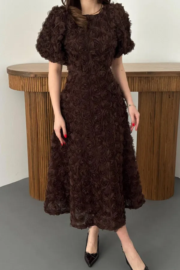 Toptan Kahverengi Güllü Elbise