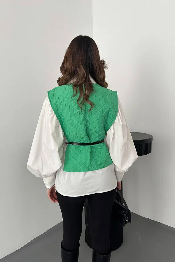 Toptan Yeşil Kemerli Gömlek Ve Panço Takım