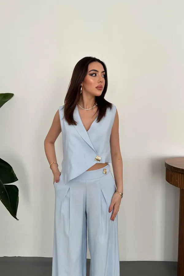 Ensemble gilet et pantalon asymétrique bleu ciel en gros