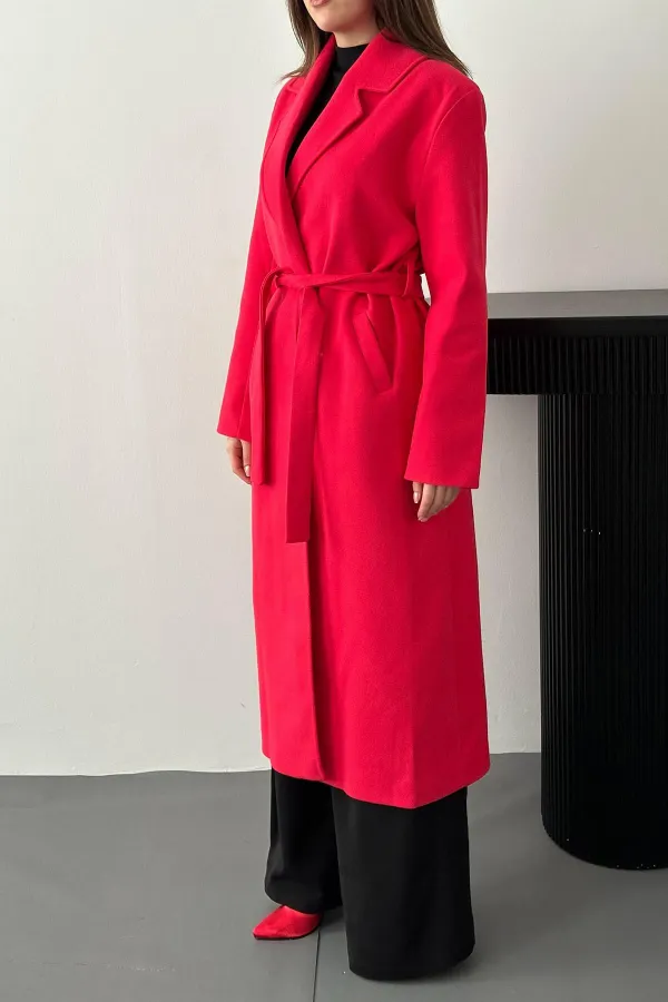 Toptan Fuşya Kuşaklı Midi Kaban