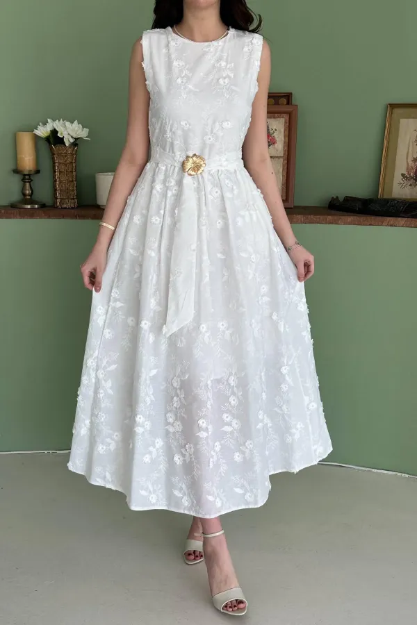 Wholesale White Dress with 3D Embroidered Details