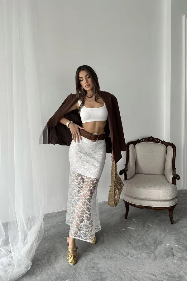 Toptan Beyaz Dantel Detaylı Etek