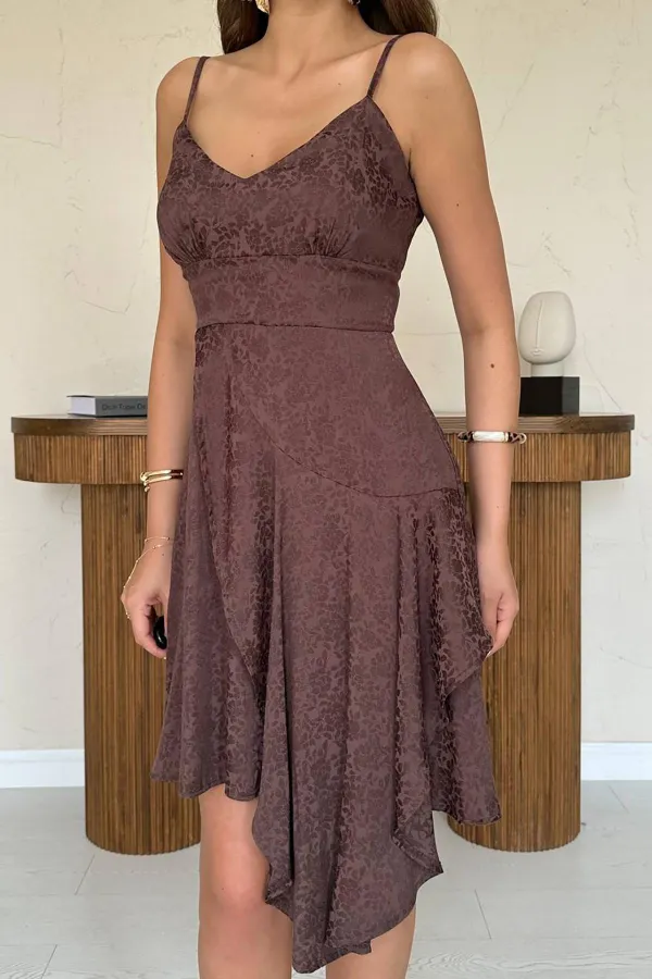 Toptan Kahverengi Jakarlı Asimetrik Elbise