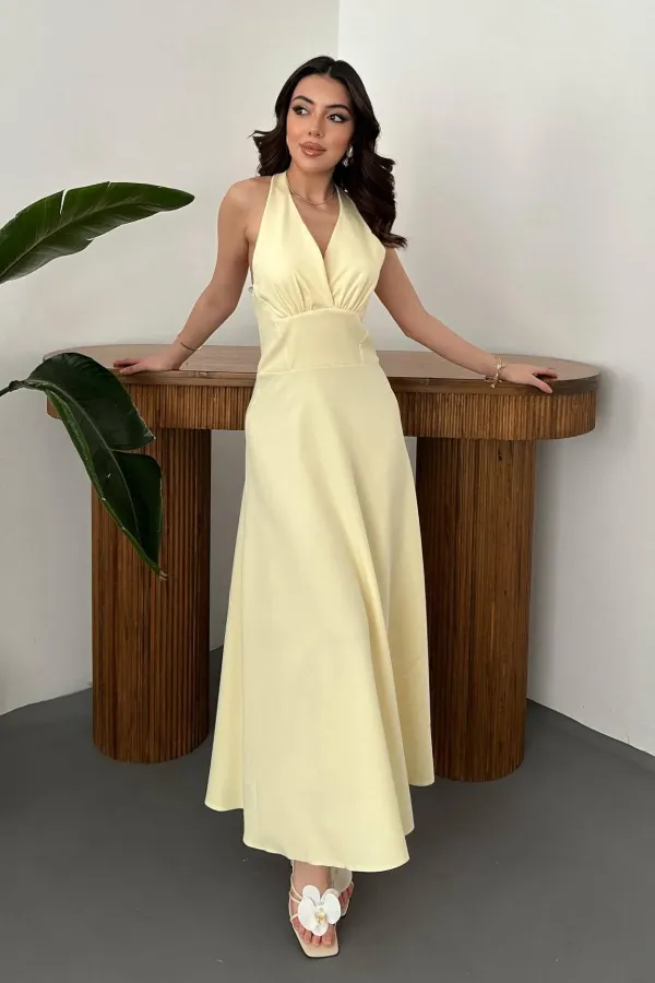 Toptan Sarı Atlas Göğüs Kuplu Elbise