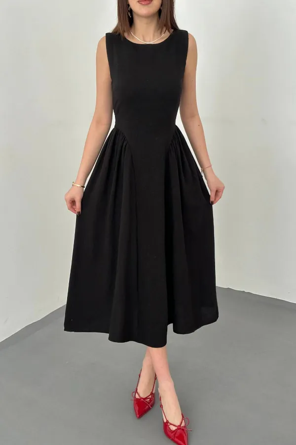 Robe mi-longue plissée noire en lin, vente en gros