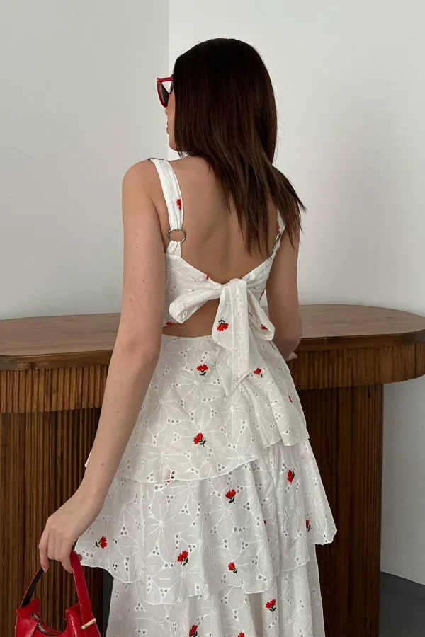 Toptan Kırmızı Kat Kat Arkası Bağlamalı Elbise