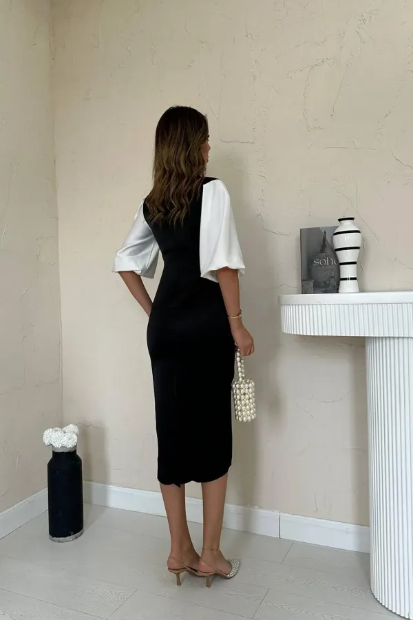 Robe en satin noir et blanc avec détails en dentelle en gros