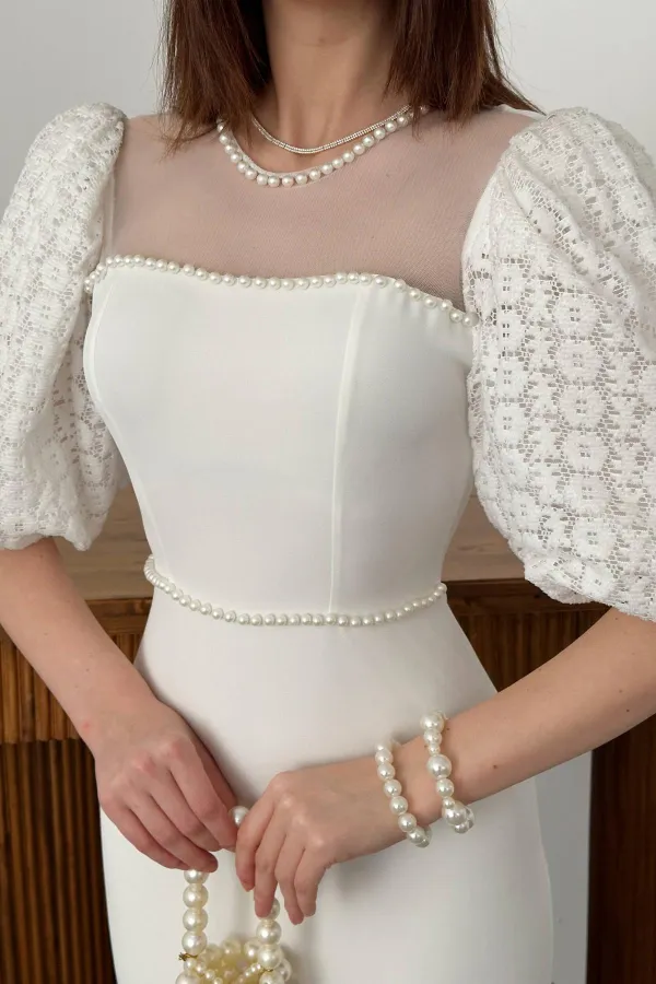 Robe en tulle ornée de perles blanc cassé, vente en gros