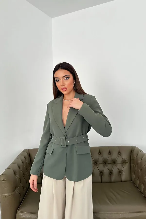 Wholesale Khaki Jacket with Pocket Flap and Belt