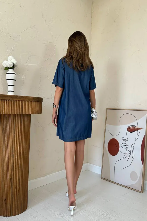 Toptan Mavi Lyocell Kuplu Elbise