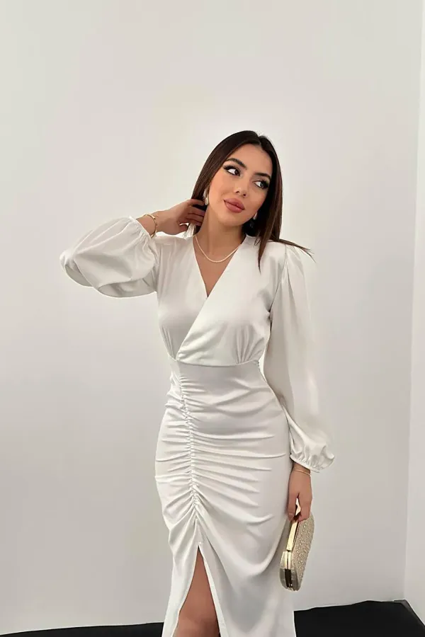 Toptan Beyaz V Yaka Saten Elbise